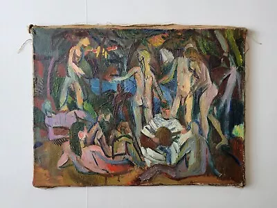 Antique 1930's Early Modernist Oil Painting Expressionism Nude Figures Nymphs  • $1295