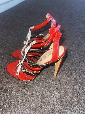 L.A.M.B. Gwen Stefani Red & Cream Strappy High Heel Sandals Womens Sz 6.5 • $42.99