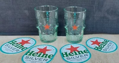 £8 • Buy  2 X NEW Heineken Silver Lager Half Pint Nucleated Glasses + 4 Branded Beer Mats