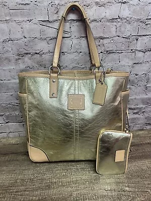 Coach Women’s Gold Metallic Large Shoulder Tote W/change Pouch 13x14 • $44.50