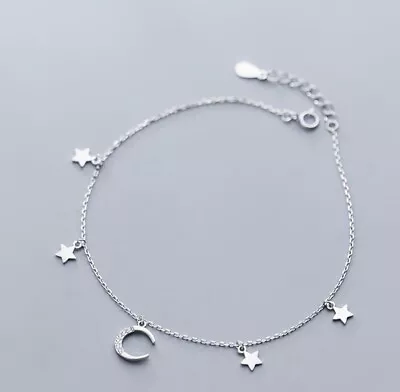 Women 925 Sterling Silver Dangle CZ Moon And Star Silver Chain Bracelet 7.2-9.2  • $15.99