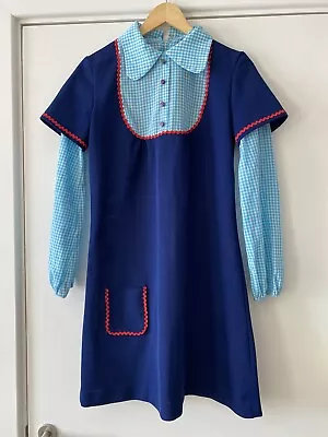 True Vintage Mod Skinhead Gingham Collar Blue Dress 18 Inches Pit To Pit 70s60s • £29.99