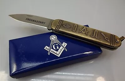 New Masonic Freemason Tools Antiqued Gold Tone FOLDING POCKET KNIFE 6  Open • $17.95