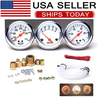 2  52mm Chrome Car Triple Gauge Set Kit 3in1 Water Temp Oil Pressure Volt Meter • $23.99