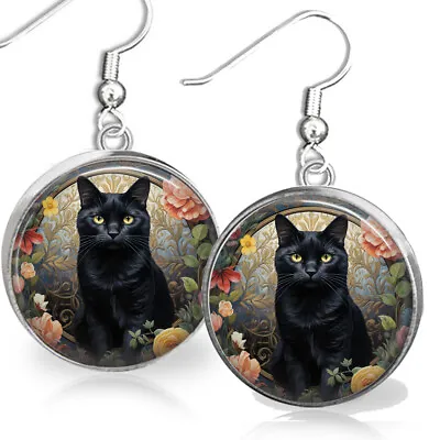 Black Cat Floral Earrings Vintage Art Print Silver Charm Cat Lover Gift • $12.95