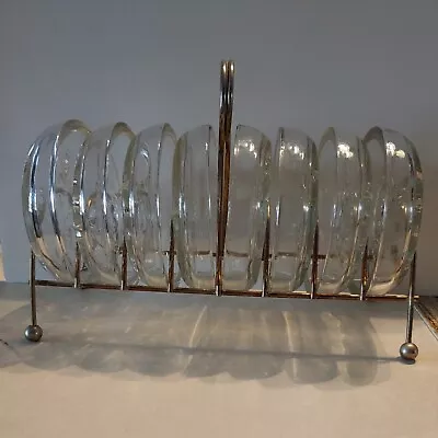 Vintage ~Mid Century~ Clear Glass Coasters In Rack.. Set Of Eight • $22.95