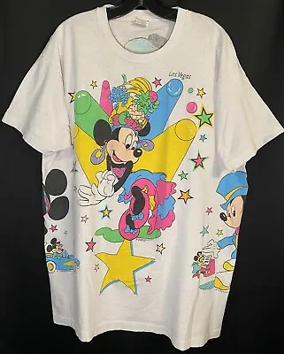 Vintage 80s Mickey Minnie AOP Disney TShirt Single Stitch Las Vegas RARE XXL • $89.99
