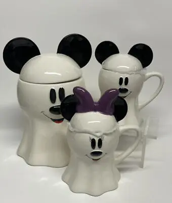 Disney Mickey & Minnie Halloween Ghost 3 Pc Cookie Jar & Mug Set • $86.21