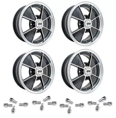 Set Of 4 15  X 4-1/2  Vw Bug 4 Lug Black Empi BRM Wheels & Lug Bolts • $923.95