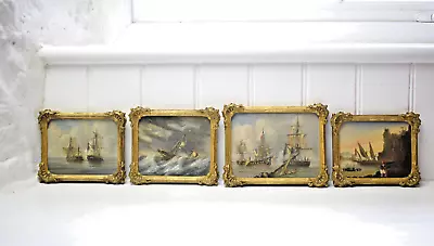 Set Of Four 19th Century Nautical Scenes Galleons And Ships. Oil On Board. • £625