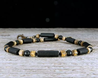 Mens Anklet Or Unisex Surfer Ankle Bracelet - Black Onyx Jasper & 'Beach Glass' • $20.30