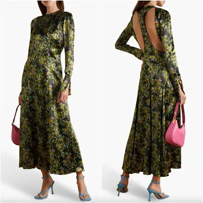 Victoria Beckham $1590 Green Floral Printed Satin Cutout Midi A-Line Dress • $225