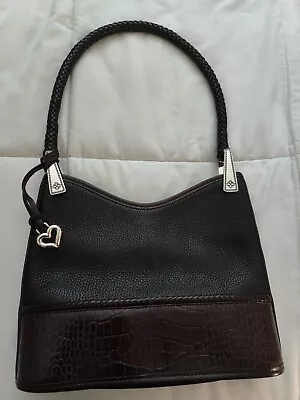 Brighton Gina Black Pebbled Leather Hobo Handbag Croc Trim Braided Handle • $50