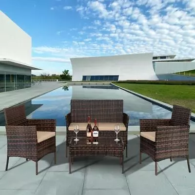 4PCS Outdoor Rattan Wicker Patio Set Garden Lawn Sofa Chair Cushioned Furniture • $147.99