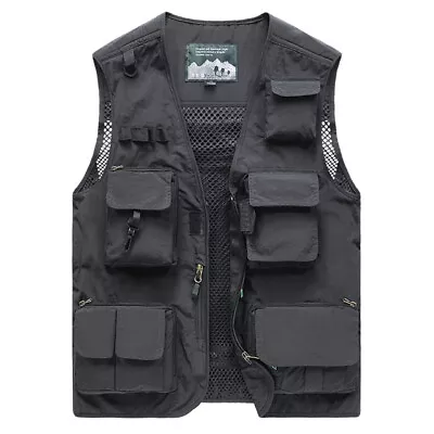 Mens Cargo Multi Pocket Vest Utility Waistcoat Fishing Hiking Outdoor Gilet Coat • £22.19