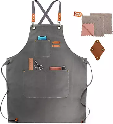 Adjustable Chef Apron Cotton Canvas Cross Back Pockets Men Women Grey • $29.11