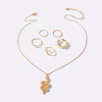 Gold Colour Chain 1 Pc Snake Charm Necklace And 5 Pcs Rings Set Total $1.97 ONLY • $2.99