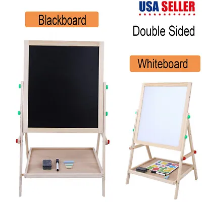 2 In 1 Kid Standing Art Easel Wooden Chalk Drawing Board Double Side White+Black • $26.59