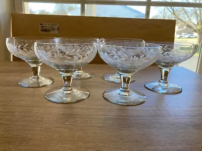 VINTAGE SET Of 6  ETCHED GLASS CRYSTAL CHAMPAGNE / DESSERT STEMWARE GLASSES • $24.99