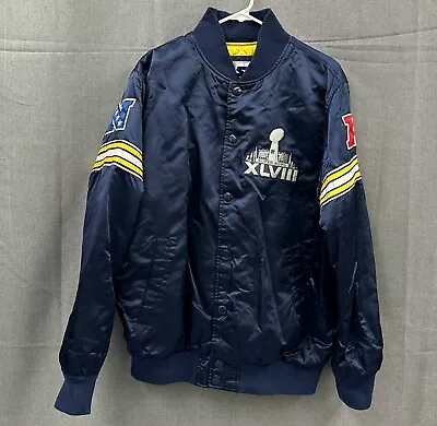 NJ NY NFL Super Bowl XLVIII 48 Seahawks Broncos Satin Blue Starter Jacket L • $79.99