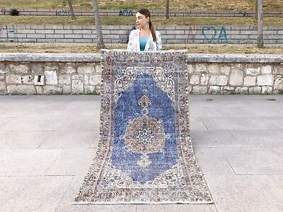 Blue Vintage Hand Knotted Antique Rug Oushak Wool Handmade Turkish Scatter Rug • $564.84