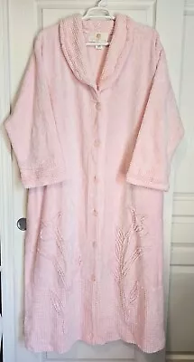 Stan Herman Vintage Chenille Robe Womens 2X Pink Button Down Flowers Pockets • $49.99