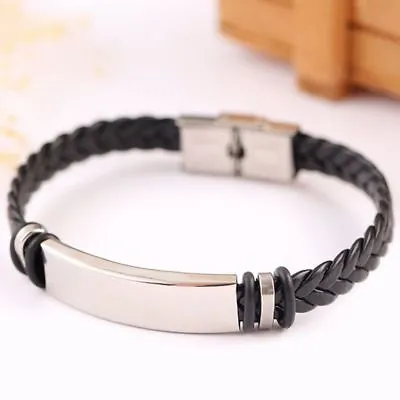 Black Mens Boys Leather Braided Wristband Bracelet Stainless Steel Bangle UK • £2.49