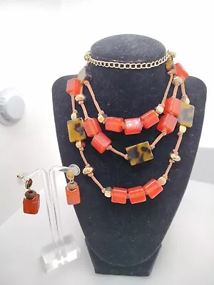 Vintage CHICO'S Lucite Coral Tortoise Leather Necklace & Earrings Set~ • $20