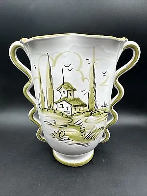 Vintage Italian Pottery Double Handled Hand Painted Villa Vase Green & Cream • $34.95