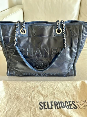 $3000 • Buy Chanel Deauville Calfskin MM Navy Shopper Tote Shoulder Bag EUC RARE