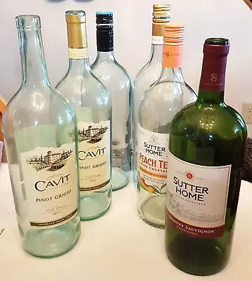 6 Used EMPTY 1.5 Liter Wine Bottle LOT Large Green & Clear Glass Some W/ Labels • $11.93