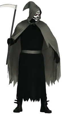 Mens Grim Reaper Costume Black Death Fancy Dress Halloween Outfit Medieval 38-44 • £19.99