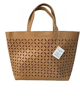 Oscar De La Renta Tote Bag Beige Purse Double Handles Laser Cut Out Lined New • $17.99