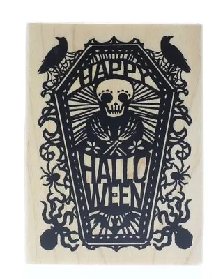 Inkadinkado Happy Halloween Skull In A Coffin With Ravens Wooden Rubber Stamp • $10.50