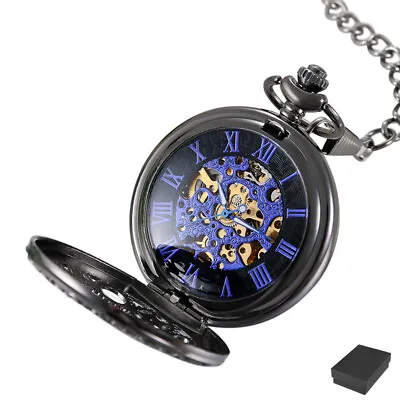 Mens Black Pocket Watch Mechanical Vintage Steampunk Skeleton Retro Chain Luxury • $20.99