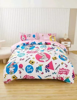 LOONEY TUNES Cartoon Printed Pink Reversible Duvet Cover Set Sz Queen Bugs Bunny • £64.66