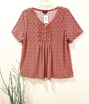 Cocomo 2x Mod Sassy Floral Liquid Knit Babydoll Smocked Top Pintuck Slimming Nwt • $24.95