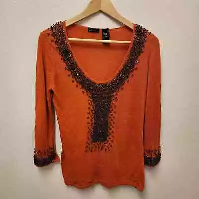 Moda International Burnt Orange Linen Beaded Blouse Tunic 3/4 Sleeve Women's L • $9