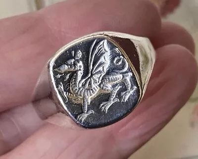 Vintage Solid 925 Sterling Silver Intaglio Seal Heraldic Dragon Signet Ring • £58