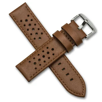 Mens Rally Racing Sports Genuine Calf Leather Perforated Watch Strap Band Tan • £8.95