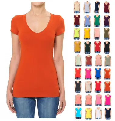 $10.99 • Buy Women's Premium Soft Cotton Knit Basic T-Shirt V-Neck Short Sleeve Solids Fitted