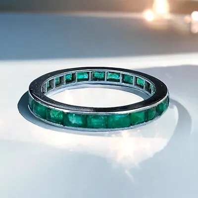 Art Deco Platinum Emerald Eternity Band Ring Size 6.5 Vintage Green Wedding • $550