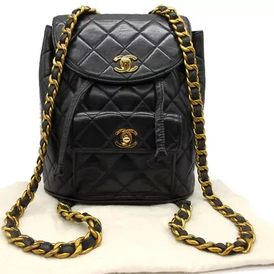 CHANEL CC Logo Matelasse Chain Backpack Bag Leather Black GHW France M570 • $3151.09