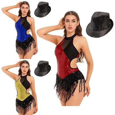 UK Womens Latin Cha-Cha Dance Performance Costume Sleeveless Patchwork Leotard • £11.99