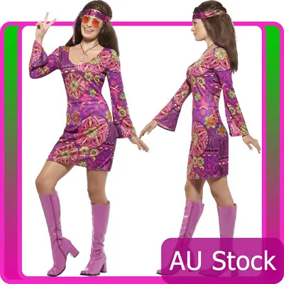 Womens Woodstock Hippie Chick Costume 60s Groovy 70s Hippy Disco Fancy Dress • $33.73