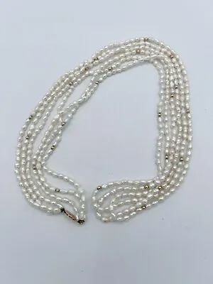 Vintage Freshwater Rice Pearl Necklace 14KGP Clasp Spacer Beads 30 Inch 3 Strand • $25