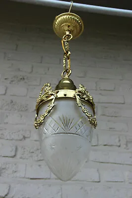 FRench Hall Lantern Chandelier Brass Crystal Val Saint Lambert Acorn Shade • £540.27