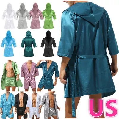 US Men's Kimono Soft Hooded Satin Robe Nightgown Half Sleeve Pajamas Bathrobes • $7.91