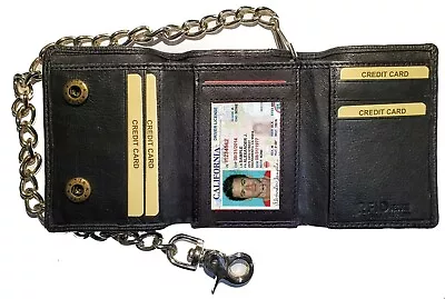 Black RFID Blocking Vintage Genuine Leather Men's Biker Chain Trifold Wallet • $17.68