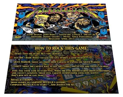 Stern Metallica Pro Pinball Custom Apron Instruction Cards • $17.50